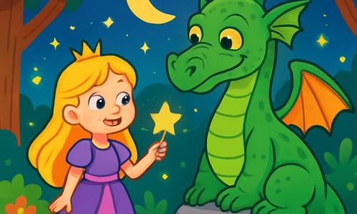 Eine Prinzessin namens Lila, etwa 10 Jahre alt, steht im Mittelpunkt der Szene. Sie hat lange, goldene Haare, die wie Sonnenstrahlen glänzen, und leuchtend blaue Augen voller Aufregung. Sie lächelt staunend und hält einen kleinen, funkelnden Stern in ihrer Hand. Neben ihr sitzt ein weiser, alter Drache mit grünen Schuppen und goldenen Augen auf einem Stein und schaut Lila wohlwollend an. Der Drache hat eine große Spannweite, aber sein Ausdruck ist sanft und freundlich. Die Szene spielt in einer verzauberten Lichtung, umgeben von majestätischen Bäumen mit glänzenden Blättern und bunten Blumen, die im Wind tanzen. Glühwürmchen erleuchten die Luft und schaffen eine magische Atmosphäre. Im Hintergrund leuchtet ein sternenklarer Himmel mit funkelnden Sternen und einem großen Mond. Lila und der Drache teilen einen Moment der Entdeckung, während der Drache ihr Rätsel aufgibt. Lila, voller Neugier und Entschlossenheit, bereitet sich darauf vor, die Herausforderungen des Drachen zu meistern, umgeben von der Schönheit der magischen Natur.