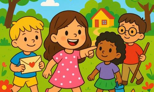 Es gibt 4 Kinder: - Lina: ein 3-jähriges Mädchen mit langen braunen Haaren, sie trägt ein rosa Kleid mit weißen Punkten und ein großes Lächeln. Sie steht in der Mitte und zeigt begeistert nach vorne. - Ben: ein 3-jähriger Junge mit zerzausten blonden Haaren, er trägt ein blaues T-Shirt und eine gelbe Shorts. Er steht leicht links vorne und hält die wertvolle Post in seinen kleinen Händen. - Mia: ein 3-jähriges Mädchen mit schwarzen Locken, sie trägt einen kleinen grünen Rock und ein lila T-Shirt. Sie steht rechts von Lina, hält eine kleine Wasserflasche und schaut neugierig. - Sami: ein 3-jähriger Junge mit braunen Haaren und runden Brillen, er trägt einen roten Pullover und beigen Hosen. Er steht leicht hinten rechts und hält einen Stock wie ein kleiner Abenteurer. Der Ort befindet sich in einem sonnigen Garten, der mit bunten Blumen, großen grünen Bäumen und einem Kiesweg zu einem kleinen Haus gefüllt ist. Im Hintergrund erstreckt sich ein gepflegter Rasen, und eine große Sonne scheint am klarblauen Himmel. Die Hauptsituation zeigt die Kinder, die mit großen Lächeln durch den Garten auf Abenteuer aus sind, bereit, eine wertvolle Post an ihre Großmutter zu liefern. Sie springen fröhlich über eine kleine Wasserpfütze, umgeben von leuchtenden Blumen und einer neugierigen kleinen Katze, die sie beobachtet.