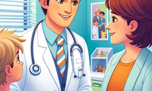 Een man, dokter Bas, glimlachend en vriendelijk, draagt een onberispelijke witte labjas en een stethoscoop om zijn nek. Hij heeft bruin haar en vriendelijke ogen en is aan het hurken om met een jonge jongen te praten. De jongen, Lars, acht jaar oud, met rommelig blond haar en een iets bleke huid, zit op een onderzoekstafel en kijkt de dokter nieuwsgierig aan met een lichte glimlach, hoewel hij een beetje bezorgd is. Zijn moeder, een vrouw van rond de dertig met kastanjebruin haar en een bril, staat naast hem met gekruiste armen en een uitdrukking van bezorgdheid maar ook hoop. De scène speelt zich af in een lichte onderzoekkamer van een ziekenhuis, met lichtblauwe muren, kleurrijke posters over de gezondheid van kinderen en verspreide speelgoedjes op een plank. Dokter Bas legt rustig aan Lars uit wat hij gaat doen om hem beter te laten voelen, terwijl hij geruststellende gebaren en een vriendelijke toon gebruikt, waardoor een warme en gastvrije sfeer ontstaat.