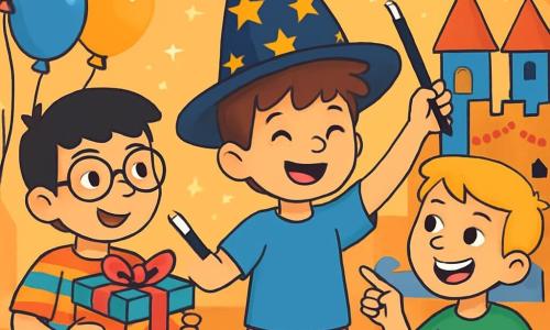 Hay 3 personajes: Rodrigo, un niño de 10 años con cabello castaño desordenado, lleva una camiseta azul y un short rojo, está en el centro sonriendo con un sombrero de mago adornado con estrellas doradas. Luis, un niño de 10 años con cabello negro y gafas redondas, viste una camisa a rayas multicolores y está a la izquierda de Rodrigo sosteniendo una gran caja colorida. Javier, un niño de 10 años con cabello rubio y una sonrisa radiante, lleva una camiseta verde y está a la derecha de Rodrigo señalando con entusiasmo hacia el castillo de cartón. La escena tiene lugar en una sala de fiesta decorada con globos de colores y guirnaldas brillantes, con un gran castillo de cartón pintado de colores vivos al fondo, lleno de luces y decoraciones. Los tres se divierten juntos explorando el castillo, Rodrigo finge lanzar un hechizo con su sombrero mientras sus amigos ríen y lo animan, creando un momento de alegría y amistad.