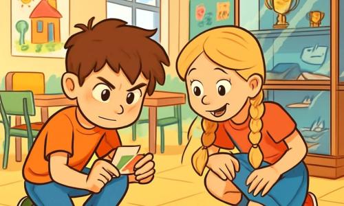Lucas, een 10-jarig jongen met rommelig bruin haar en nieuwsgierige ogen, zit op de grond met een klein stuk gekleurd papier in zijn hand, vastberaden en geïntrigeerd. Naast hem zit Mila, een 10-jarig meisje met lange blonde vlechten en een ondeugende glimlach, die aandachtig naar de grond kijkt, met haar handen op haar knieën, klaar om hem te helpen bij zijn onderzoek. Ze bevinden zich in de aula van de school, een grote, lichte ruimte met muren versierd met kindertekeningen, houten tafels en kleurrijke stoelen, waar feestelijke slingers aan het plafond hangen. Achterin staat een glazen vitrine met prijzen, maar deze is open, waardoor een rommel van papier en materialen zichtbaar is. De belangrijkste situatie toont Lucas en Mila die actief op zoek zijn naar aanwijzingen om een waardevolle verdwenen penseel terug te vinden, omringd door een sfeer van mysterie en opwinding.