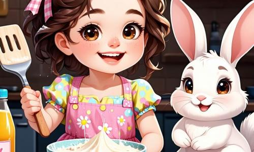 Una bambina di 3 anni, di nome Emma, con grandi occhi brillanti e capelli ricci castani, sorride felicemente tenendo una spatola in una mano e una ciotola di impasto per dolci nell'altra. Indossa un bel vestito colorato con motivi floreali e ha della farina sul viso, dimostrando che si sta divertendo a cucinare. Accanto a lei, un adorabile coniglietto di nome Coniglietto, con pelliccia bianca e grandi orecchie, salta con entusiasmo, guardando con curiosità l'impasto. Ha un piccolo fiocco rosso attorno al collo ed è pronto ad aiutare Emma. La scena si svolge in una cucina accogliente, piena di luce naturale, con pareti giallo pastello, armadi in legno e un tavolo in legno massiccio coperto di ingredienti sparsi: farina, zucchero e uova. I disegni di Emma decorano il frigorifero, aggiungendo un tocco personale all'ambiente. La situazione principale mostra Emma e Coniglietto mentre preparano un dolce per la festa del papà, con risate e farina che volano nell'aria, illustrando la gioia e l'amore che condividono nel creare qualcosa di speciale per il papà di Emma.