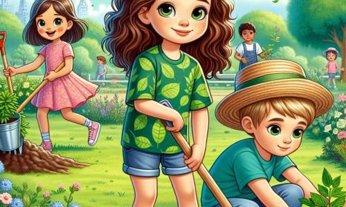 Uma menina de 12 anos, Ana, está no centro da imagem, com grandes olhos brilhantes e um sorriso determinado. Ela tem cabelos cacheados castanhos, usa uma camiseta verde com um padrão de folha e um short jeans. Ana está plantando uma jovem árvore no solo, cercada de terra e pequenas flores coloridas, mostrando seu compromisso com a proteção do meio ambiente. Ao lado dela, um menino de 11 anos, Pedro, com cabelos curtos e loiros, usa uma camiseta azul e um chapéu de palha. Ele segura uma pá, pronto para ajudá-la a cavar um buraco para outra planta. Um pouco mais longe, uma menina de 10 anos, Sofia, com cabelos longos e lisos, vestida com um vestido rosa, está recolhendo lixo no parque, com uma expressão concentrada. O local é um parque verdejante, com grandes árvores majestosas, flores vibrantes e um céu azul claro com nuvens brancas fofas. Ao fundo, um grupo de crianças brinca e ri, adicionando um clima alegre à cena. A situação principal mostra Ana e seus amigos unidos em um esforço coletivo para plantar árvores e limpar o parque, simbolizando sua determinação em lutar contra as mudanças climáticas e preservar a beleza do seu ambiente.