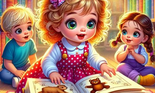 Una niña de 2 años, con grandes ojos brillantes y cabello rizado, está sentada en el suelo, maravillada, abriendo un gran libro polvoriento. Lleva un vestido rosa con lunares y zapatillas amarillas. A su lado, un niño de 3 años, con cabello rubio y una camiseta azul, mira el libro con curiosidad, mientras que una niña de 3 años, con trenzas marrones y una falda violeta, señala un dibujo de un oso en la página. La escena tiene lugar en una biblioteca colorida, llena de libros de cubiertas brillantes, pequeñas mesas de madera y cojines suaves esparcidos por el suelo. Rayos de luz entran por las ventanas, iluminando el lugar con un suave resplandor. Los niños están descubriendo un misterioso libro de historias, con rostros radiantes de emoción, mientras examinan un dibujo de un oso y un viejo mapa con huellas.