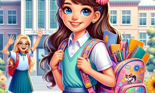 Una niña de 12 años, Lucía, con largos cabellos castaños y ojos llenos de curiosidad, sonríe entusiasmada sosteniendo una mochila colorida llena de útiles escolares. Lleva un uniforme escolar azul claro, con una falda plisada y una camiseta blanca, y se encuentra frente a la entrada de su nuevo colegio. A su lado, otra niña, Ana, también de 12 años, con cabello rubio y gafas redondas, le hace un saludo con una gran sonrisa amistosa. Están en un camino bordeado de árboles, con flores coloridas que dan vida a la escena. Al fondo, el edificio de la escuela es moderno, con grandes ventanas y paredes pintadas de colores vivos. La situación principal muestra a Lucía y Ana, listas para entrar a la escuela, con expresiones de emoción y nerviosismo, simbolizando el comienzo de una nueva aventura escolar.
