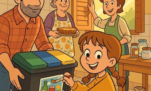 Bambina di 8 anni, allegra e fiera, capelli castano chiaro in due trecce, occhi vivaci, indossa un maglione giallo senape e jeans, tiene un pennello e incolla un'etichetta colorata su un nuovo bidone a tre scomparti; la madre (circa 35 anni), sorridente con capelli corti castani e grembiule verde, apre una persiana in legno lasciando entrare un raggio di sole; il padre (circa 38 anni), con capelli neri, barba corta e camicia a quadri, sistema il bidone a sinistra della bambina approvando; la zia Carla (circa 50 anni), capelli grigi raccolti e grande grembiule floreale, tiene un piatto di barrette di mele vicino alla finestra sullo sfondo; cucina soleggiata con pavimento piastrellato chiaro, tavolo in legno con barattoli di vetro, scatole metalliche e piccolo sacchetto di stoffa, luce calda del mattino, atmosfera familiare, gesti concreti, colori vivaci e texture riconoscibili.
