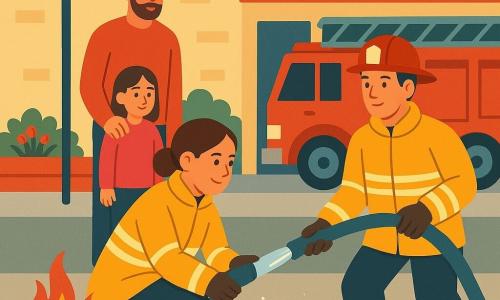 A smiling but focused female firefighter with brown hair in a bun, wearing a yellow protective jacket with reflective stripes, crouches and holds a hose that sprays a controlled pale-blue jet at a small burning metal bin; a relieved six-year-old girl in a pink jacket stands about two meters back holding her father's hand while he, a relaxed bearded man of about 35 with an arm around her, stands slightly left and thankful; a male firefighter colleague, Ben, around 30, helmeted and in turnout gear, stands to the right holding the hose ready to help; the scene is in front of a light-brick community center with a gray sidewalk, a flower box and signs, and a shiny red fire truck with a silver ladder in the background; a small orange flame leans with the wind as the water creates white steam and extinguishes it, calm mood, warm colors, flat blocks, clean contours and simplified textures for a clear, reassuring composition.