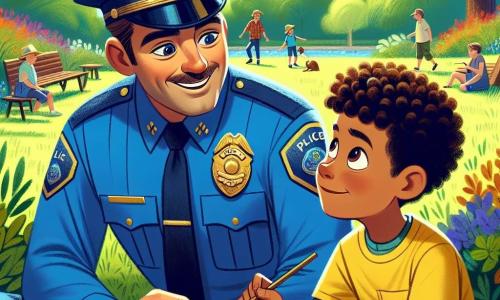 Um policial chamado Pedro está no centro da imagem, sorrindo calorosamente. Ele usa um uniforme azul vibrante com um distintivo brilhante no peito, um chapéu de policial bem ajustado e tem cabelos curtos e castanhos. Seus olhos brilham de bondade enquanto ajuda um menino, Miguel, de 8 anos, que está sentado na grama desenhando na areia. Miguel tem cabelos cacheados e usa uma camiseta amarela com um short azul. Ele olha para Pedro com admiração, segurando um graveto na mão para desenhar. O cenário é um parque ensolarado, cheio de vegetação exuberante, com árvores majestosas e flores coloridas. Crianças brincam ao longe e famílias aproveitam o dia ao ar livre. A situação principal mostra Pedro explicando a Miguel a importância das regras de segurança enquanto procuram um cachorrinho perdido, criando uma atmosfera de camaradagem e aprendizado.