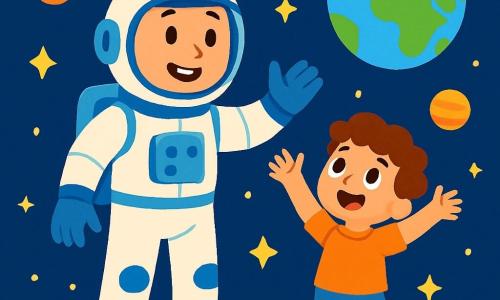 Um homem astronauta sorridente, vestindo um traje espacial branco e azul, está de pé na superfície de um planeta vermelho, com estrelas brilhantes ao fundo. Seu rosto está iluminado pela excitação, seus olhos brilham de alegria. Ao lado dele, um menino de 6 anos, com cabelos castanhos e cacheados, observa o céu com admiração, com os braços levantados como se quisesse tocar as estrelas. Ambos estão em um solo empoeirado, salpicado de pequenas pedras brilhantes. A cena principal mostra o astronauta explicando ao menino como ele vai explorar o espaço, com planetas coloridos e uma grande Terra azul visível ao longe.