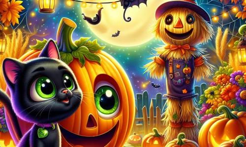 A big round pumpkin named Percy, with large curious eyes and a wide joyful smile, stands in the center of a Halloween-decorated garden, surrounded by orange string lights and fake spider webs. Next to him, a black cat named Whiskers, with shiny fur and sparkling green eyes, looks on excitedly, her tail in the air, ready to pounce. In the background, an old straw scarecrow, wearing a worn straw hat and button eyes, stands upright, displaying a friendly and encouraging expression. The garden is lit by the full moon, with golden autumn leaves and twinkling lanterns, creating a magical and festive atmosphere. Percy, holding a small shiny bell, prepares to ring it to awaken mysterious shadows, while children in colorful costumes dance joyfully around them, filling the air with laughter and Halloween songs.