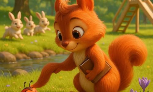 A small anthropomorphic red squirrel with silky fur and big bright eyes kneels on its hind legs, gently flipping a tiny red-and-black ladybug onto its back with the tip of its tail while holding a small brown notebook under its arm; the relieved ladybug rests on a green leaf, playful white and beige baby rabbits gambol in the grass in the left background, and the sunny spring park shows tender green grass, purple crocuses, a light wooden slide to the right, a large leafy oak behind, and a sparkling stream with smooth stones to the left.