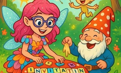 A fairy named Glitterblossom, wearing cup-shaped glasses, sparkling wings, and a joyful smile, is sorting colorful letters on a mushroom-shaped table. Her hair is a vibrant pink, and she wears a dress made of multicolored flower petals. Next to her, a gnome with a polka-dotted hat and a bushy beard, looking amused, holds a dripping invitation, laughing at the situation. A sprite named Piffle, with messy hair and sparkling eyes, juggles dandelions while floating around them. The scene takes place in the sunny Dewdrop Clearing, surrounded by gnarled trees and vibrant flowers swaying in the breeze. Fireflies twinkle in the air, adding a magical touch to the atmosphere. The main situation shows Glitterblossom and her friends laughing and having fun, exchanging mixed invitations and creating whimsical games, while the sun shines and the bright colors of nature surround them.
