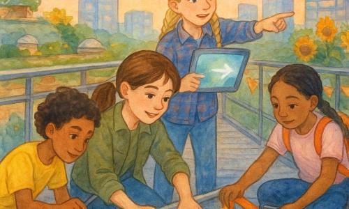 Four girls repair and install tactile markers along a polished steel railing on a suspended skywalk between rooftop gardens: Mina (~11), brown hair in a ponytail, kneels in the foreground pressing a dotted tactile strip to the railing; Jada (~11), warm-toned skin and short curly hair, crouches left of Mina holding a small silver tool and inspecting the railing joint; Solène (~12), blonde with thin braids and a plaid shirt, stands behind Mina pointing a direction while looking at a tablet with a glowing map; Inez (~11), black braided hair and a small orange backpack, stands right, laying orange ribbons along the ground and holding a box of tactile markers. Textured metal planks, basil and sunflower planters on rooftops, glass towers reflecting the sunset, banners and small hive domes, peach-and-lavender sky and tiny hovering drones frame a warm, focused scene as they prepare the neighborhood for a floating lantern festival over the river.