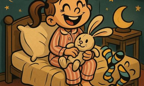 A joyful, dreamy 10-year-old girl with light brown pigtails and sparkling eyes sits in the center of the bed in pink-and-white striped pajamas, holding a plush; the plush, Sir Flop, is a cream fabric rabbit with floppy ears and button eyes, resting on her tummy and slightly dented; a pair of animated striped socks, one yellow and one blue, twist beside her feet, comically balanced, while pink fuzzy slippers lie on the rug near the bed, one tipped; a white fluffy pillow with rounded corners rests behind her head, slightly flattened; above the bed is a round light-wood wall clock with black hands, hand-drawn numbers, a small smiling expression and visible ticking waves; the cozy, colorful room has navy walls dotted with painted stars, a moon-pattern rug, a yellow moon nightlight on the bedside table and a shelf of slightly open books; the main scene is a funny, tender 