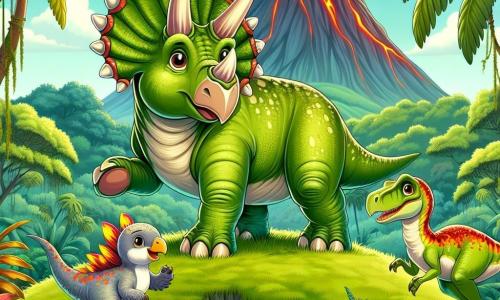 Een triceratops genaamd Trixie, met een glanzende groene huid en drie majestueuze hoorns, staat trots op de top van een heuvel met een uitdrukking van vastberadenheid en moed. Naast haar staat een kleine stegosaurus genaamd Steggy, met kleurrijke rugplaten en een bezorgde blik, die om zich heen kijkt alsof hij zijn familie zoekt. Iets verderop is er een velociraptor genaamd Vicky, met levendige veren en een ondeugende glimlach, klaar om te springen, wat een energieke sfeer aan de scène toevoegt. De achtergrond is een weelderige jungle, vol grote varens, heldere bloemen en rokende vulkanen aan de horizon, wat een magische en mysterieuze sfeer creëert. De hoofdsetting toont Trixie, Steggy en Vicky verenigd, klaar om de uitdagingen van de vulkanen aan te gaan, met een voelbaar gevoel van avontuur en vriendschap in de lucht.