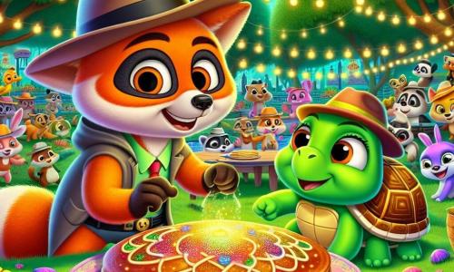 Don Zorro, un zorro detective de ojos traviesos y pelaje naranja brillante, se encuentra en el centro de la escena, sosteniendo una galleta mágica brillante entre sus patas delanteras, con una gran sonrisa de satisfacción en su rostro. A su lado, Doña Tortuga, una tortuga sabia con un caparazón colorido y gafas redondas, mira la galleta con asombro, sus ojos brillando de alegría. El escenario se desarrolla en un parque urbano animado, donde árboles de hojas verdes exuberantes rodean una gran mesa decorada con guirnaldas luminosas, y animales de todo tipo bailan y se divierten a su alrededor. La escena está llena de colores vivos, con aves cantoras posadas en las ramas, añadiendo un toque de magia a la atmósfera festiva. La situación principal muestra a Don Zorro y Doña Tortuga celebrando el regreso de la galleta mágica, rodeados de sus amigos animales, en un ambiente alegre y lleno de vida, listos para comenzar la gran fiesta.