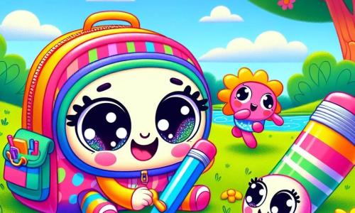 Momo, a pequena mochila curiosa, está no centro da imagem, com um grande sorriso e olhos brilhantes de excitação. Ela é colorida, com padrões vibrantes e bolsos cheios de materiais escolares. Momo está agachada na grama, examinando um bonito lápis azul que brilha ao sol. Ao lado dela está um caderno com capa listrada, olhando para o lápis com um ar intrigado e entusiasmado. Ele está aberto, pronto para anotar sobre a investigação. Um pouco mais longe, a borracha, uma goma rosa em forma de nuvem, pula de alegria, com os olhos arregalados, segurando uma pequena pedra brilhante que encontrou. O cenário é um parque ensolarado, com uma grande árvore de folhas verdes luxuosas, um lago cintilante ao fundo e flores coloridas espalhadas pela grama. A cena transmite uma atmosfera alegre e de aventura, mostrando Momo e seus amigos em plena investigação, examinando o lápis azul e discutindo sua próxima descoberta, prontos para resolver o mistério ao seu redor.