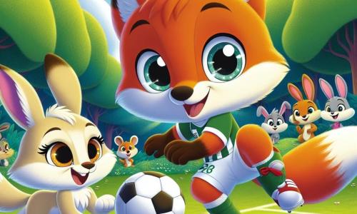 Rique, uma pequena raposa de pelagem laranja vibrante e olhos curiosos, está driblando uma bola de futebol em um campo verde, com um grande sorriso no rosto, mostrando seu entusiasmo e determinação. Ao seu lado, Lila, uma adorável raposa de pelagem creme e olhos brilhantes, está pronta para receber o passe, exibindo uma expressão de concentração e alegria, enquanto se posiciona levemente à frente, pronta para marcar um gol. O campo é cercado por árvores majestosas com folhas verdes brilhantes, e animais da floresta, como coelhos e pássaros, estão reunidos ao redor, aplaudindo e incentivando os jogadores com sorrisos entusiasmados. A cena acontece sob um céu azul claro, com algumas nuvens brancas fofas, criando uma atmosfera alegre e amigável. A situação principal mostra Rique e Lila em um jogo de futebol, ilustrando o espírito de equipe e a igualdade de gêneros, enquanto se preparam para marcar um gol juntos, simbolizando a unidade e a camaradagem entre todos os animais da floresta.