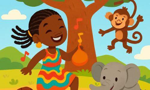Awa, una joven africana con una sonrisa radiante y ojos brillantes, baila alegremente bajo un gran baobab, con una calabaza en la mano. Lleva un vestido colorido con patrones vibrantes, y su cabello está trenzado con cuidado, flotando suavemente en el viento. Junto a ella, una tortuga sabia y amigable, con un caparazón verde y marrón, avanza lentamente, emitiendo pequeños ruidos al caminar. Un poco más lejos, un elefante gris, con grandes orejas y ojos curiosos, salpica agua con sus patas, mientras un mono travieso, con pelaje marrón y una larga cola, salta de rama en rama, riendo alegremente. El escenario es un paisaje africano soleado, con colinas verdes en el horizonte, un cielo azul brillante y flores coloridas que salpican el suelo. La escena está llena de alegría y música, donde Awa y sus amigos crean un ritmo contagioso, celebrando la amistad y la belleza de la naturaleza.