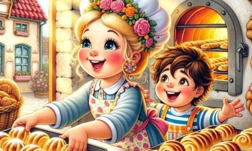 Eine lächelnde Frau, die Bäckerin Frau Brötchen, steht im Mittelpunkt der Szene. Sie hat blonde Haare im Dutt, trägt eine blumige Schürze und hat rosige Wangen. Sie holt goldene Brötchen aus dem Ofen, mit einem Ausdruck von Freude und Stolz im Gesicht. Neben ihr beobachtet ein etwa 8-jähriger Junge namens Max mit zerzausten braunen Haaren und einem gestreiften Hemd aufmerksam den Backprozess, seine Augen weit vor Staunen. Etwas weiter entfernt rollt ein 8-jähriges Mädchen namens Mia mit langen, lockigen Haaren und einem rosa Kleid Teig mit einem Nudelholz aus, ein großes Lächeln auf den Lippen. Die Szene spielt sich in einer charmanten Bäckerei mit rotem Dach und bunten Fenstern ab. Die Wände sind mit Körben voller Brot und Croissants dekoriert, und die Luft ist erfüllt von dem köstlichen Duft von frischem Brot und Gebäck. Die Hauptsituation zeigt Frau Brötchen, Max und Mia, die gemeinsam Brötchen zubereiten, lachen und Spaß haben, während das Morgenlicht durch die Fenster strömt und eine warme, einladende Atmosphäre schafft.