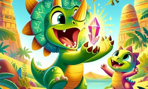 Un triceratops llamado Tito, con piel verde brillante y tres cuernos afilados en su cabeza, expresa gran alegría al sostener un cristal brillante entre sus patas delanteras. A su lado, su hermanita Lila, una joven dinosauria de color rosa con grandes ojos curiosos, salta de felicidad, con los brazos levantados hacia el cielo. En el fondo, su mamá, una triceratops dulce y protectora, los observa con una sonrisa benevolente, mientras que su papá, fuerte e imponente, se mantiene cerca de ellos, listo para protegerlos. El escenario es un antiguo desierto soleado, salpicado de grandes rocas coloridas y plantas verdes exuberantes, con una duna de arena dorada en el horizonte. La situación principal muestra a Tito y Lila descubriendo el cristal mágico, rodeados de su familia, en un momento de compartir y felicidad, mientras un pterosaurio curioso, llamado Peto, se acerca a ellos, intrigado por la belleza del cristal.