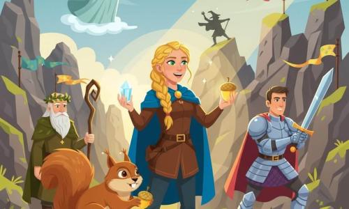 Elara, about 18–20, determined joyful face, braided golden hair, bright emerald eyes, blue coat and leather tunic, holding a glowing crystal in one hand and a sparkling golden acorn in the other, stands center in a courageous pose; Queen Aurelia, about 30–35, long golden hair, pale flowing gown, on a small cloud platform rear-left, benevolent expression, hand extended as if sending wind; King Thistle, about 60, thick white beard and green leaf crown, brown forest robe, holding a gnarled staff rear-left near Elara, wise reassuring air; Sir Cedric, about 35–40, shining armor, sword raised, rear-right protective ready-to-fight stance; a large mischievous-eyed squirrel sits beside Elara with a paw on a stone; setting: a jagged mountain pass with colorful flags, dark clouds on the horizon pierced by golden light rays, mossy ground with small glowing flowers; scene: the heroes face the fleeing shadow of a sorcerer, warm light from the golden acorn forms a protective shield around the group, mood of victory, vivid colors and strong contrasts, expressions of unity and triumph.
