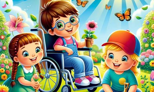 En primer plano, tres niños están plantando flores en un jardín soleado. Lucas, un niño de 8 años con cabello castaño y gafas, está sentado en su silla de ruedas, sonriendo y sosteniendo una pequeña pala. A su derecha, Sofía, una niña de 7 años con trenzas amarillas y un vestido rosa, está plantando semillas de girasol, con los ojos brillantes de emoción. A la izquierda, Tomás, un niño de 8 años con una gorra roja y una camiseta azul, está cavando un hoyo para plantar un tulipán, con una gran sonrisa en el rostro. El jardín está lleno de flores coloridas, vegetación exuberante y rayos de sol que iluminan la escena. Mariposas vuelan alrededor de los niños, añadiendo un toque de magia al paisaje primaveral. En el fondo, se puede ver un gran árbol con hojas verdes y un cielo azul claro salpicado de nubes blancas y esponjosas. La imagen muestra a los niños en plena actividad, riendo y ayudándose mutuamente para crear un hermoso jardín, simbolizando la amistad y la alegría de la primavera.