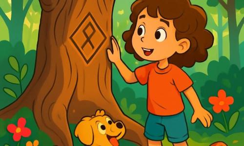 Een 8-jarig meisje, Lotte, met krullend kastanjebruin haar en nieuwsgierige ogen, staat voor een oude, knoestige boom in een weelderig bos. Haar gezicht straalt opwinding en verwondering uit terwijl ze een mysterieus symbool in de schors bestudeert. Aan haar voeten kijkt een ondeugende, goudkleurige hond met glanzende ogen naar haar, klaar om haar op avontuur te vergezellen. Het bos is dicht, met zonnestralen die door de bladeren filteren en lichte patronen op de met bladeren bedekte grond creëren. Kleurrijke bloemen en vreemde paddenstoelen sieren het landschap, wat een vleugje magie aan de omgeving toevoegt. Lotte ontdekt het mysterieuze symbool op de boom, wat haar aanzet tot een zoektocht naar een verborgen schat, vol enthousiasme en vastberadenheid.