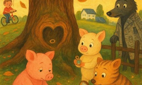 Porcello, uno dei Tre Porcellini, è il protagonista: piccolo maiale maschio dal pelo rosato con macchie di fango sulle zampe, inginocchiato sotto un grande castagno mentre posa delicatamente un anello d’oro in una radice a forma di cuore; Porcellino, il secondo, è un maiale maschio sognante dal pelo crema, in piedi dietro di lui con gli occhi lucidi e una piccola bussola scintillante; Porcellotto, il terzo, è un maiale maschio curioso dal pelo leggermente tigrato, chinato con una vecchia lente d’ingrandimento che illumina l’anello con un raggio di luna; il Lupo dei Cesti è un personaggio secondario: alto e magro, mantello scuro fatto di giornali e carte, volto sorpreso e commosso, appoggiato a distanza sulla recinzione del bosco senza minacciare; sullo sfondo a sinistra un bambino di circa otto anni su una collinetta in bici con un palloncino rosso al manubrio sorride osservando la scena; luogo: la base di un vecchio castagno enorme con radici spesse e scavate, muschio verde, foglie dorate a terra, piccole lucciole e, in lontananza, pannelli solari e casette di campagna; situazione: momento calmo e luminoso in cui i porcellini rimettono l’anello del giuramento al suo posto sotto il castagno, atmosfera calda e magica, colori caldi e texture da gouache con pennellate e strati opachi visibili.