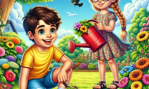 Un ragazzo di 8 anni, Marco, con capelli castani arruffati e un grande sorriso pieno di entusiasmo, è accovacciato in un giardino comunitario. Indossa una maglietta gialla brillante e pantaloni corti blu, con le mani piene di terra, mentre pianta fiori colorati. Accanto a lui, una ragazza della sua età, con lunghi capelli biondi intrecciati e occhiali, lo osserva con uno sguardo ammirato, tenendo un annaffiatoio di plastica rosso. Indossa un vestito a fiori e sandali. Il giardino è un luogo vibrante, pieno di fiori dai colori vivaci, verdure verdi e piccoli uccelli che volano intorno. Alberi frondosi circondano il giardino, e un cielo azzurro chiaro con alcune nuvole bianche fluttuanti aggiunge un tocco di serenità alla scena. In questa illustrazione, Marco e la sua amica lavorano insieme, condividendo un momento gioioso e complice, illustrando l'importanza di prendersi cura della natura e di coltivare un ambiente sano.