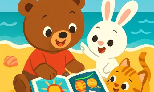 Un piccolo orso bruno di nome Bobo, con un pelo morbido e occhi brillanti di curiosità, è seduto sulla sabbia dorata della spiaggia, sorridendo gioiosamente mentre guarda un libro pieno di immagini colorate. Accanto a lui, un coniglietto bianco di nome Lillo, con grandi orecchie e un'aria eccitata, salta di gioia indicando un'immagine di lanterne luminose nel libro. Non lontano, una gattina tigrata di nome Mimi, con uno sguardo meravigliato e la coda in alto, si avvicina per vedere meglio le illustrazioni. Il contesto è una spiaggia soleggiata, con onde turchesi che si infrangono dolcemente sulla riva, conchiglie colorate sparse sulla sabbia e un cielo blu punteggiato da alcune nuvole bianche e soffici. La scena principale mostra Bobo e i suoi amici che scoprono insieme immagini di vacanze estive, circondati da risate e gioia, pronti a divertirsi e a sognare avventure.