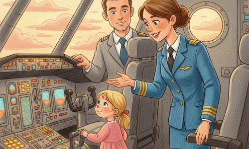 Een vriendelijke volwassen vrouwelijke piloot met kastanjebruin haar in een knot en een blauwe kapiteinsjas met gouden epauletten staat in de deuropening van de cockpit en reikt naar een 6-jarig blond meisje met een rood lint, dat verwonderd op de trede staat met haar handen op de deurrand terwijl ze naar de knoppen kijkt; een mannelijke copiloot van circa 30 jaar met kort bruin haar staat iets achterin, glimlachend met hand op een hefboom; de cockpit toont grijze leren stoelen, panelen vol kleurrijke knoppen en lampjes, hendels en een groot raam met een zachte zonsondergang en roze wolken — een warm, rustig moment net na de landing waarin de piloot vriendelijk de instrumenten uitlegt, in zachte kleuren en scherpe lijnen met potloodachtige textuur.
