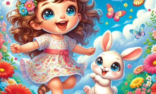 Una bambina di 2 anni, di nome Sofia, con grandi occhi brillanti e capelli ricci castani, sorride gioiosamente saltando tra fiori colorati. Indossa un vestito leggero a fiori e sandali. Accanto a lei, un piccolo coniglio bianco con grandi orecchie sembra giocare saltellando intorno a Sofia, aggiungendo un tocco di magia alla scena. Lo sfondo è un giardino primaverile splendente, pieno di fiori dai colori vivaci come rosso, giallo e blu, sotto un cielo azzurro chiaro punteggiato da alcune nuvole bianche e soffici. Farfalle multicolori volano intorno, creando un'atmosfera gioiosa e vivace. La scena principale mostra Sofia che ride e tende la mano verso una bella farfalla che vola vicino a lei, mentre il coniglio, curioso, la osserva con occhi scintillanti. È un momento di puro felicità e scoperta nella magia della primavera.
