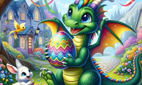 Un piccolo drago dalle squame verde smeraldo, con ali arcobaleno, sorride gioiosamente mentre tiene un grande uovo di Pasqua decorato con colori vivaci e scintillanti. I suoi occhi brillano di eccitazione e curiosità mentre guarda intorno a sé. Accanto a lui, un adorabile coniglietto dalle grandi orecchie bianche e pelo morbido, con un'espressione birichina, salta felicemente cercando altri uova nascoste nell'erba. Un piccolo uccellino giallo, appollaiato su un ramo, cinguetta allegramente, osservando la scena con uno sguardo giocoso. La scena si svolge in un incantevole villaggio primaverile, dove fiori colorati fiancheggiano i sentieri acciottolati e festoni di nastri sventolano nel vento. Sullo sfondo, case dalle facciate pastello aggiungono un tocco di magia all'atmosfera festiva. La situazione principale mostra il drago e i suoi amici che scoprono l'uovo magico di Pasqua, circondati da risate e un'atmosfera gioiosa, pronti a iniziare la grande caccia alle uova.