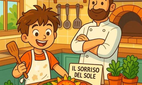 Giovanni, un ragazzo di otto anni con capelli castani disordinati e occhi pieni di curiosità, è in piedi in una cucina animata, con un ampio sorriso sul volto e una spatola di legno in mano. Indossa un grembiule bianco macchiato di farina e davanti a lui c'è un piatto colorato, "Il sorriso del sole", pieno di verdure fresche e pomodori succosi. Accanto a lui, un cuoco adulto, un uomo di circa quarant'anni con un cappello bianco e una barba curata, osserva Giovanni con orgoglio, le braccia incrociate e un sorriso benevolo. La cucina è luminosa e accogliente, con pareti di piastrelle gialle e mensole piene di utensili da cucina colorati. Vasi di erbe fresche sono disposti sul piano di lavoro in legno e una grande finestra lascia entrare la luce del sole. Giovanni sta preparando il suo piatto per un concorso culinario, immerso in un'atmosfera di creatività ed eccitazione, concentrato sulla presentazione per impressionare la giuria con il suo talento culinario.