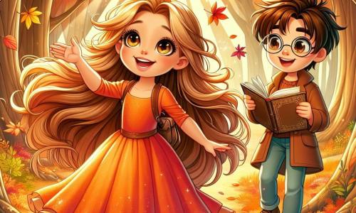 Una ragazza di 11 anni, Sofia, con lunghi capelli castani che fluttuano nel vento e occhi pieni di curiosità, si trova nel mezzo di una splendida foresta autunnale. Indossa un vestito arancione vivace e un piccolo cappotto marrone, sorridendo con meraviglia mentre osserva le foglie dorate che cadono intorno a lei. Accanto a lei, il suo amico Marco, un ragazzo di 11 anni con capelli castani e occhiali rotondi, tiene un libro aperto tra le mani, gli occhi brillanti di eccitazione mentre le racconta una leggenda sulle fate dell'autunno. Il paesaggio è una foresta incantata, con alberi maestosi dalle foglie infuocate di rosso, arancione e giallo, il terreno coperto da un tappeto di foglie croccanti. I raggi di sole filtrano attraverso i rami, creando un'atmosfera calda e magica. La scena principale mostra Sofia e Marco mentre esplorano la foresta, meravigliati dalla bellezza dei colori autunnali, mentre scoprono insieme le meraviglie della natura e le storie che la circondano.