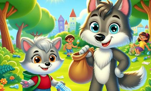 A joyful little wolf with gray fur and sparkling eyes is picking up litter in a sunny park. He wears red shoes and a small fabric bag on his back, displaying a proud big smile. Next to him, his mother, a gentle she-wolf with brown fur and affectionate eyes, is picking up a plastic bottle. She looks happy and encouraging, standing slightly back to watch her little one. The park is filled with greenery, majestic trees with shiny green leaves, colorful flowers dancing in the wind, and a bright blue sky. The main scene shows the little wolf and his mother working together to clean the park, surrounded by colorful trash, while other children play and join in to help pick up litter, creating an atmosphere of camaraderie and joy.