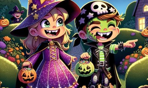 A 10-year-old girl, Maggie, stands center stage wearing a sparkling purple witch cape and a pointed hat adorned with golden stars. Her face is lit up by a broad smile, her eyes shining with excitement and adventure. Beside her, her friend Leo, also 10, is dressed as a zombie pirate, sporting a black bandana, green face paint, and holding a plastic sword. He laughs, showing off his fake teeth while pointing to a mysterious path. The setting features a country lane lined with dark, bushy hedges, illuminated by floating, twinkling lanterns. Shadows dance on the walls of houses decorated with grimacing pumpkins and spider webs. The main scene shows Maggie and Leo ready to enter a haunted maze, their bags full of candy in hand, surrounded by a festive yet slightly spooky atmosphere with other costumed children having fun around them.
