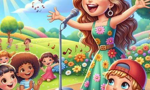 Lila Harmony is a joyful singer in her thirties, with long wavy light brown hair and sparkling happy eyes. She wears a colorful dress adorned with floral patterns and smiles widely while passionately singing, her arms open as if to embrace the music around her. Among the children, there is an 8-year-old boy wearing a red cap backward and a striped t-shirt, clapping enthusiastically with admiration for Lila. A 7-year-old girl, with pigtails and a pink dress, joyfully dances next to him, her hands raised to the sky, full of joy and energy. The scene takes place in a sunny park filled with colorful flowers and majestic trees, under a clear blue sky dotted with fluffy white clouds. Children play around, and the green grass is dotted with small groups of spectators captivated by the performance. Lila sings a cheerful song on a makeshift stage, surrounded by children who join her, creating a magical atmosphere of music and laughter, where friendship and creativity flourish.