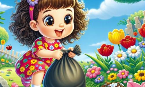 Uma menina de 2 anos, com grandes olhos brilhantes e cabelos cacheados, sorri alegremente enquanto coleta lixo em seu jardim. Ela usa um vestido colorido com flores e sandálias rosas. Ao lado dela, uma pequena joaninha vermelha com pintas pretas pousa em uma folha verde, observando a cena com curiosidade. O jardim está repleto de flores vibrantes de todas as cores, como tulipas amarelas, rosas vermelhas e margaridas brancas, sob um céu azul claro. A menina, cheia de energia e determinação, se ajoelha para colocar o lixo em uma sacola, mostrando seu compromisso em proteger a natureza.