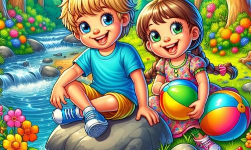 Een 4-jarig jongetje, Lars, met messy blond haar en een grote blije glimlach, zit op een steen aan de rand van een kleine beek. Hij draagt een felblauw t-shirt en een gele short, zijn ogen stralen van opwinding. Naast hem staat een 4-jarig meisje, Emma, met gevlochten bruin haar en een roze bloemenjurk, die lacht terwijl ze een kleurrijke bal vasthoudt. Ze worden omringd door groen, met majestueuze bomen en felgekleurde bloemen. De beek schittert in de zon en kleine vissen zwemmen vrolijk in het heldere water. Lars en Emma staan op het punt samen te spelen, hun gezichten stralen van geluk, op een mooie zomerdag tijdens het kamperen.