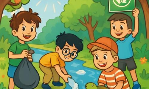 Há 4 crianças: - Lucas: um garoto de 11 anos, com cabelos castanhos bagunçados e olhos brilhantes de curiosidade. Ele usa uma camiseta verde e um short azul, segurando um saco de lixo em uma mão. - Miguel: um garoto de 11 anos, com cabelos pretos e óculos redondos. Ele está vestido com uma camiseta amarela e uma calça bege, recolhendo uma garrafa plástica à beira do rio. - Pedro: um garoto de 11 anos, com cabelos loiros e um sorriso radiante. Ele usa um boné vermelho e uma camiseta listrada, observando uma tartaruga que acabou de soltar, com os olhos maravilhados. - Rafael: um garoto de 11 anos, com cabelos castanho-claros e um rosto determinado. Ele está vestido com uma camiseta azul clara e um short preto, mostrando uma placa sobre a proteção do meio ambiente. A cena acontece em um belo rio cercado por árvores verdes e flores coloridas. A água é de um azul vibrante, mas ainda está cheia de lixo, contrastando com a beleza natural do lugar. Os raios de sol filtram pelas folhas, criando sombras dançantes no chão. A situação principal mostra as crianças em ação, unidas para limpar o rio. Elas riem e se encorajam mutuamente, enquanto pássaros cantam nas árvores. A atmosfera é alegre e cheia de esperança, ilustrando sua determinação em proteger a natureza.