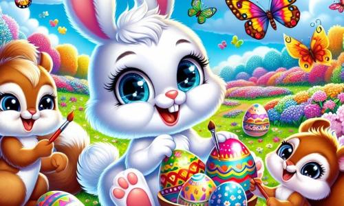 Un pequeño conejo llamado Rabo, con grandes orejas suaves y un pelaje blanco brillante, está sentado alegremente en medio de un campo de flores coloridas, pintando huevos de Pascua con diseños vibrantes. Sus ojos brillan de emoción y una gran sonrisa ilumina su rostro. A su lado, Lila, una mariposa de alas multicolores, vuela alrededor de Rabo, riendo y animándolo, con sus ojos chispeando de felicidad. Más lejos, un grupo de ardillas traviesas, con pelajes marrón y rojizo, se acercan curiosamente, mostrando asombro mientras observan los huevos decorados. El lugar es un campo soleado, salpicado de flores brillantes de todos los colores, bajo un cielo azul claro con algunas nubes esponjosas. La escena principal muestra a Rabo y sus amigos creando huevos de Pascua mágicos, llenos de colores vivos y patrones alegres, mientras comparten risas y amistad en este entorno encantador.