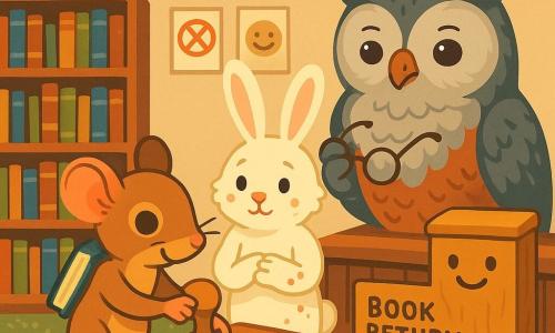 Moss, a small bright-eyed mouse with fine whiskers and a notebook on her shoulder, gently places an acorn-shaped wooden stamp on a polished desk; Owliver, a large gray-and-copper librarian owl with a relieved, soft gaze, perches behind the counter holding round glasses; Bunly, a pale fluffy rabbit with long ears and jam-smudged fur, stands timid but relieved beside Moss; the Little Acorn library is a cozy room with low oak shelves, a leafy plush rug, warm copper lamps, simple rule posters and a smiling tree-shaped return box; the scene captures the moment of return under soft light—objects aligned (stamp, dotted coded notes, small pebble-clickers) and clear expressions of apology and reconciliation.
