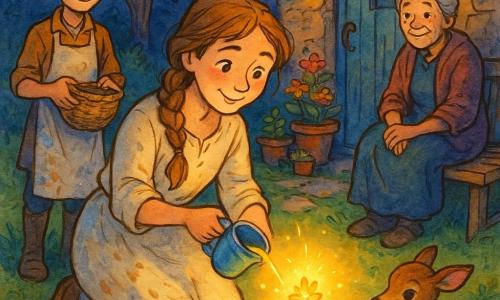 The protagonist is a gentle, smiling woman with light brown hair in a loose braid and large bright eyes, wearing a cream linen dress dusted with flour, kneeling before a small glowing plant as she waters the soil with a faience cup; she looks shy but radiant with slightly upturned lips, flushed cheeks, and a tender gaze. A 12-year-old apprentice baker boy in a floury apron stands to the left smiling and holding a basket. An elderly woman, Mrs. Bramble, about 70, sits on a bench to the right with grey hair in a bun and hands on her knees, watching peacefully. A small injured fawn with a bandaged leg rests nearby, eyes gentle. The setting is a small garden before a stone cottage with a blue wooden door, a large silver-leaved tree behind, flower pots and mossy stones, in soft twilight. The main moment shows the woman planting a 