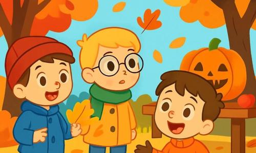 Ci sono 3 personaggi: - Luca: un ragazzo di 7 anni con capelli castani e occhi scintillanti. Indossa un cappotto blu e un berretto rosso. Sorride felicemente tenendo in mano una foglia dorata. - Marco: un ragazzo di 6 anni con capelli biondi e occhiali rotondi. Indossa una sciarpa verde e un cappotto giallo. Guarda con curiosità le foglie colorate intorno a lui. - Gianni: un ragazzo di 7 anni con capelli castano chiaro e un grande sorriso. Indossa un maglione arancione e guanti. È seduto per terra, circondato da foglie, mentre racconta una storia ai suoi amici. La scena si svolge in un giardino autunnale, con alberi dalle foglie rosse, dorate e arancioni. Il terreno è coperto di foglie croccanti e si vede una grande zucca intagliata su un tavolo di legno accanto a loro. Il cielo è blu chiaro, punteggiato di nuvole bianche e soffici. I tre amici decorano il tavolo con foglie colorate, ridendo e condividendo storie, circondati dalla magia dell'autunno, con elementi festivi come mele e castagne sparsi attorno a loro.