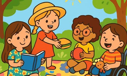 Ci sono quattro bambini: Sofia, una ragazza di 8 anni con lunghi capelli castani e occhi vivaci, indossa un vestito a fiori ed è seduta su una coperta colorata, sorridente e con un libro in mano; Giulia, una ragazza di 7 anni con capelli biondi e trecce, indossa un cappello di paglia ed è in piedi mentre passa un panino a Sofia, sorridendo; Marta, una ragazza di 6 anni con capelli ricci e occhiali, è seduta a gambe incrociate sulla coperta, tiene una piccola palla rossa pronta a giocare; Anna, una ragazza di 8 anni in sedia a rotelle, ha capelli castani e una bella maglietta a righe, è accanto a Marta, ridendo e tenendo un piccolo peluche. La scena si svolge in un giardino verde, pieno di fiori colorati e alberi maestosi, con il sole che splende in un cielo blu chiaro. Le quattro amiche condividono un delizioso picnic, ridono, raccontano storie e giocano con una palla, creando ricordi felici sotto il sole estivo.