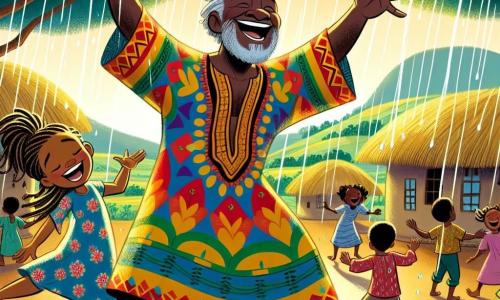 Kofi, um homem sábio de cinquenta anos, tem pele escura e cabelos grisalhos. Ele usa uma túnica colorida de tecido africano e um grande sorriso, expressando alegria e esperança. Ele dança no centro do palco, com os braços levantados para o céu, cercado de luz e cores vibrantes. Amina, uma menina de dez anos, está ao seu lado. Ela tem longos cabelos trançados e usa um vestido de algodão com estampas florais. Ela ri e levanta os braços, cheia de energia e entusiasmo. O vilarejo está situado em um vale verdejante, cercado por colinas douradas sob o sol. Casas de barro com telhados de palha estão espalhadas, e árvores majestosas oferecem sombra. A cena principal mostra Kofi e Amina dançando juntos com outros moradores, cantando melodias alegres para chamar a chuva, enquanto gotas começam a cair do céu, criando uma atmosfera de magia e unidade.