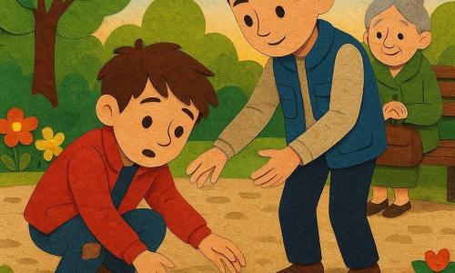 Há 3 personagens: menino de ~8 anos, cabelos castanhos desgrenhados, jaqueta vermelha, joelhos um pouco sujos, agachado à esquerda em primeiro plano junto ao pequeno lago, estendendo a mão direita para uma pequena pulseira dourada e azul presa entre duas pedras; menino de ~9 anos, cabelos pretos curtos, colete azul com bolsos, em pé ligeiramente atrás e à direita, inclinando-se para ajudar e segurando a mão do primeiro para apoiá‑lo; mulher idosa de ~70 anos (não 