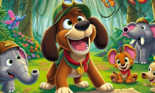 Max, un câine aventurier cu blană brună și urechi mari, poartă o mică pălărie de explorator și zâmbește cu entuziasm. El arată cu degetul o hartă desenată pe pământ, înconjurat de prietenii săi animale. Pico, un fluture colorat, zboară în jurul lui Max râzând, în timp ce Bombo, un elefant prietenos cu trompa ridicată, bate tobele în ritm, creând o atmosferă festivă. Scena se desfășoară într-o junglă luxuriantă, plină de copaci mari cu frunze verzi strălucitoare, flori colorate și liane suspendate, unde razele soarelui pătrund prin frunzișul dens. Max și prietenii săi s-au adunat pentru a planifica construirea unui parc de distracții secret, cu râsete și idei nebune, creând o atmosferă veselă și plină de energie.